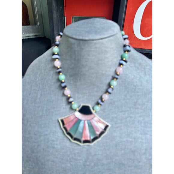 Vintage LEE SANDS Abalone Shell Inlay Fan Shape Statement Necklace Rose Quartz J - Picture 4 of 6
